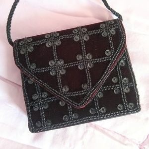 Vintage Black Velvet & Satin Sequin Evening Bag